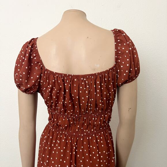 [ASOS] Brown White Polka Dot Print Babydoll Shirred Puff Sleeve Mini Dress Sz 14 - Picture 4 of 11